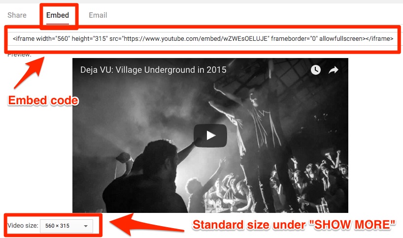 Location of embed code on YT