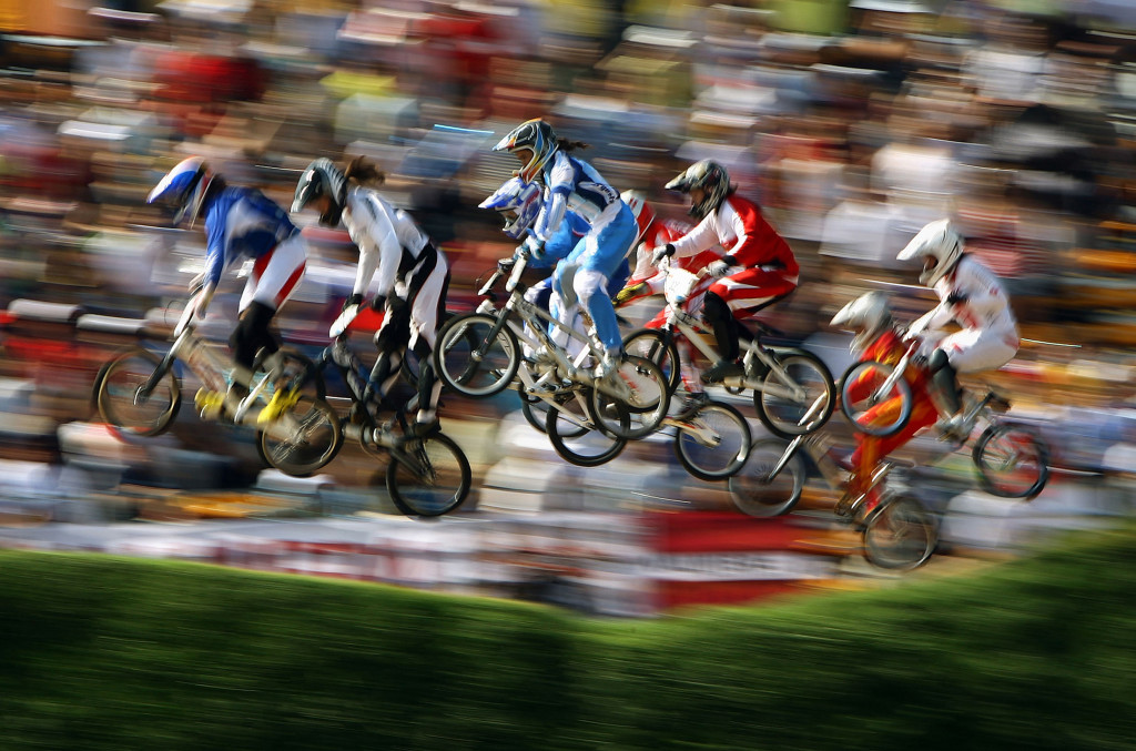 BEIJING - AUGUST 22: Competitor's race in the Women's BMX semifinal run held at the Laoshan Bicycle Moto Cross Venue during Day 14 of the Beijing 2008 Olympic Games on August 22, 2008 in Beijing, China. (Photo by Shaun Botterill/Getty Images)