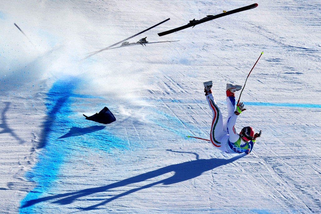 WHISTLER, BC - FEBRUARY 19: Peter Fill of Italy crashes at the last gate in the men's alpine skiing Super-G on day 8 of the Vancouver 2010 Winter Olympics at Whistler Creekside on February 19, 2010 in Whistler, Canada. (Photo by Clive Mason/Getty Images) 