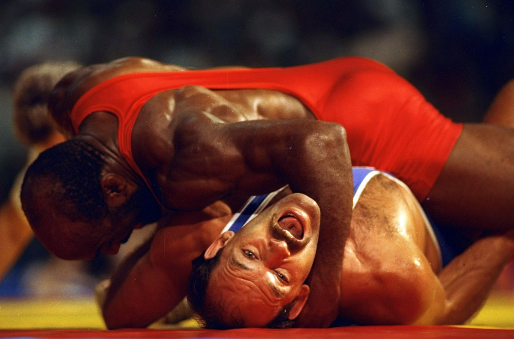 5 Aug 1992: Terrence Parker (top) of New Zealand pins down Chris Campbell (bottom) of the USA during the Light-Heavyweight (up to 90 kilograms) Freestyle Wrestling event at the 1992 Olympic Games in Barcelona, Spain. Campbell went on to win the bronzemedal. Mandatory Credit: Shaun Botterill/Allsport