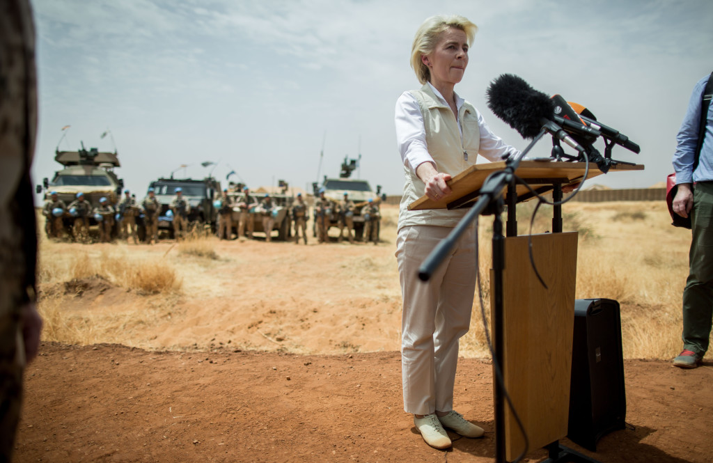 German defense minister Ursula von der Leyen delivers a speech in front of German soldiers , at Camp Castor near Gao, Mali Tuesday April 5, 2016. Von der Leyen stays in Mali for a three day visit and meets soldiers of the German army Bundeswehr stationed there as part of the Mission ASIFU-MINUSMA. (Michael Kappeler/Pool Photo via AP)